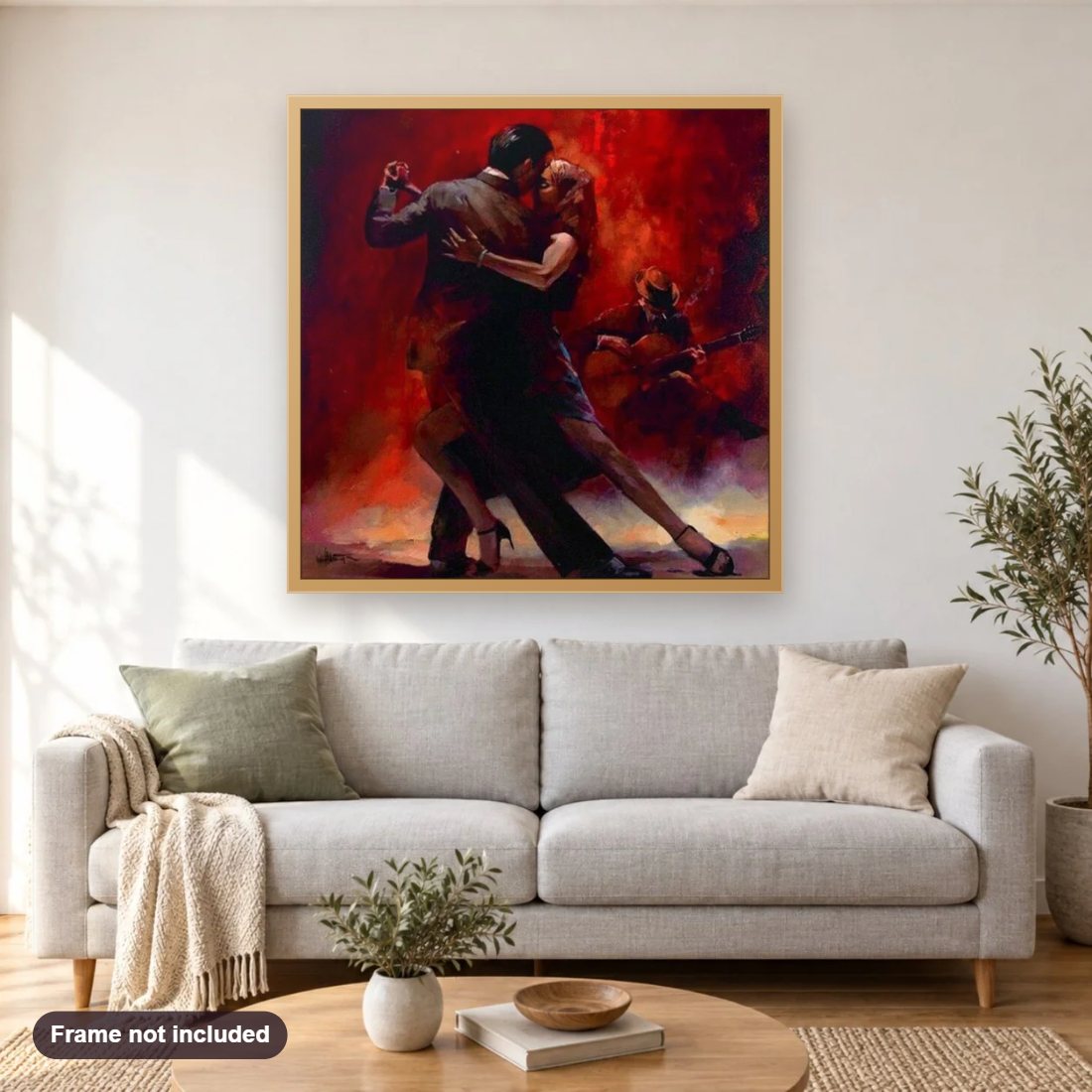 Romantic Dancing Couple diamond painting shown framed on a living room wall above a sofa