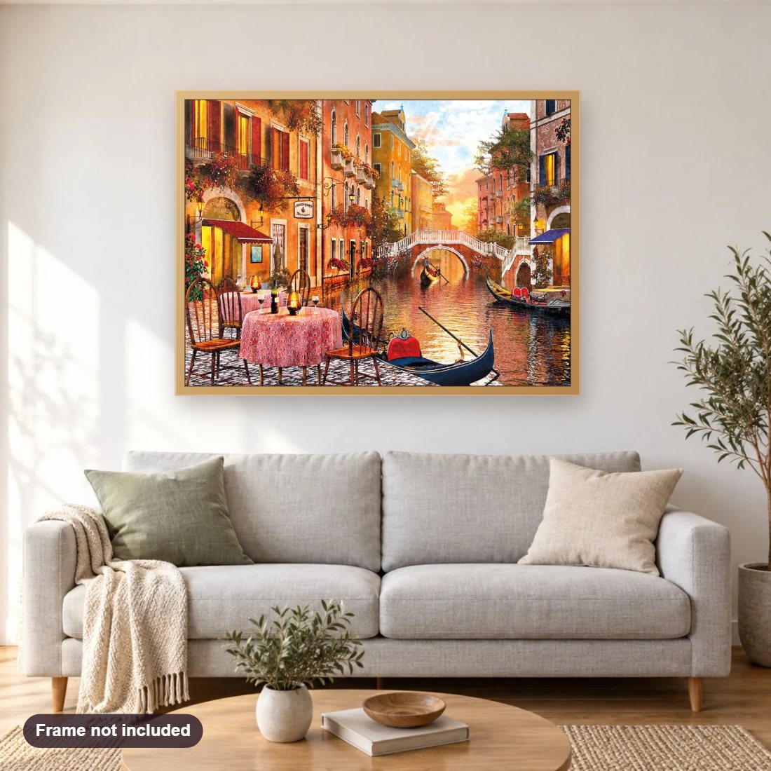 Romantic Italy diamond painting shown framed on a living room wall above a sofa