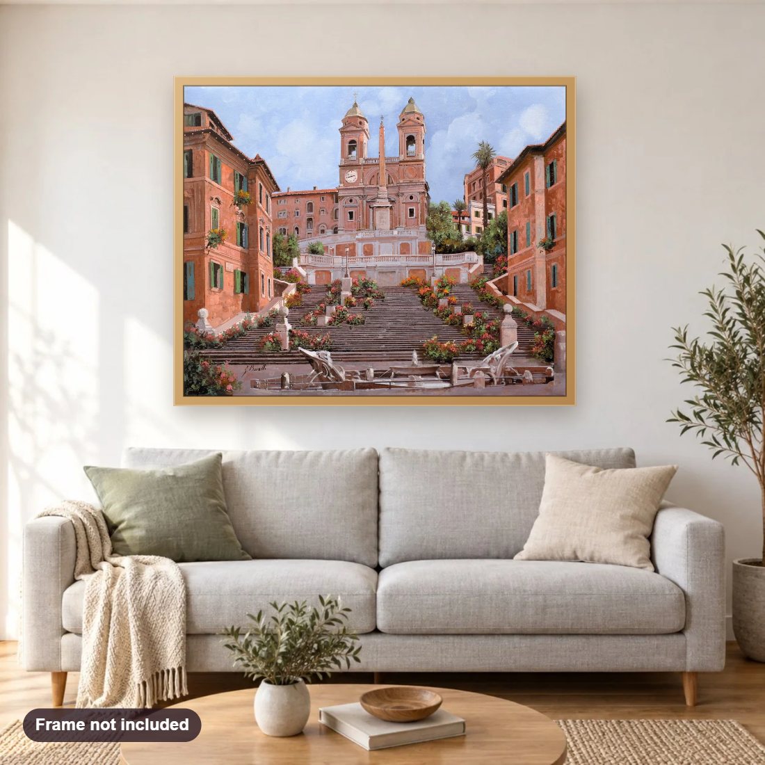 Rome Spanish Steps diamond painting shown framed on a living room wall above a sofa