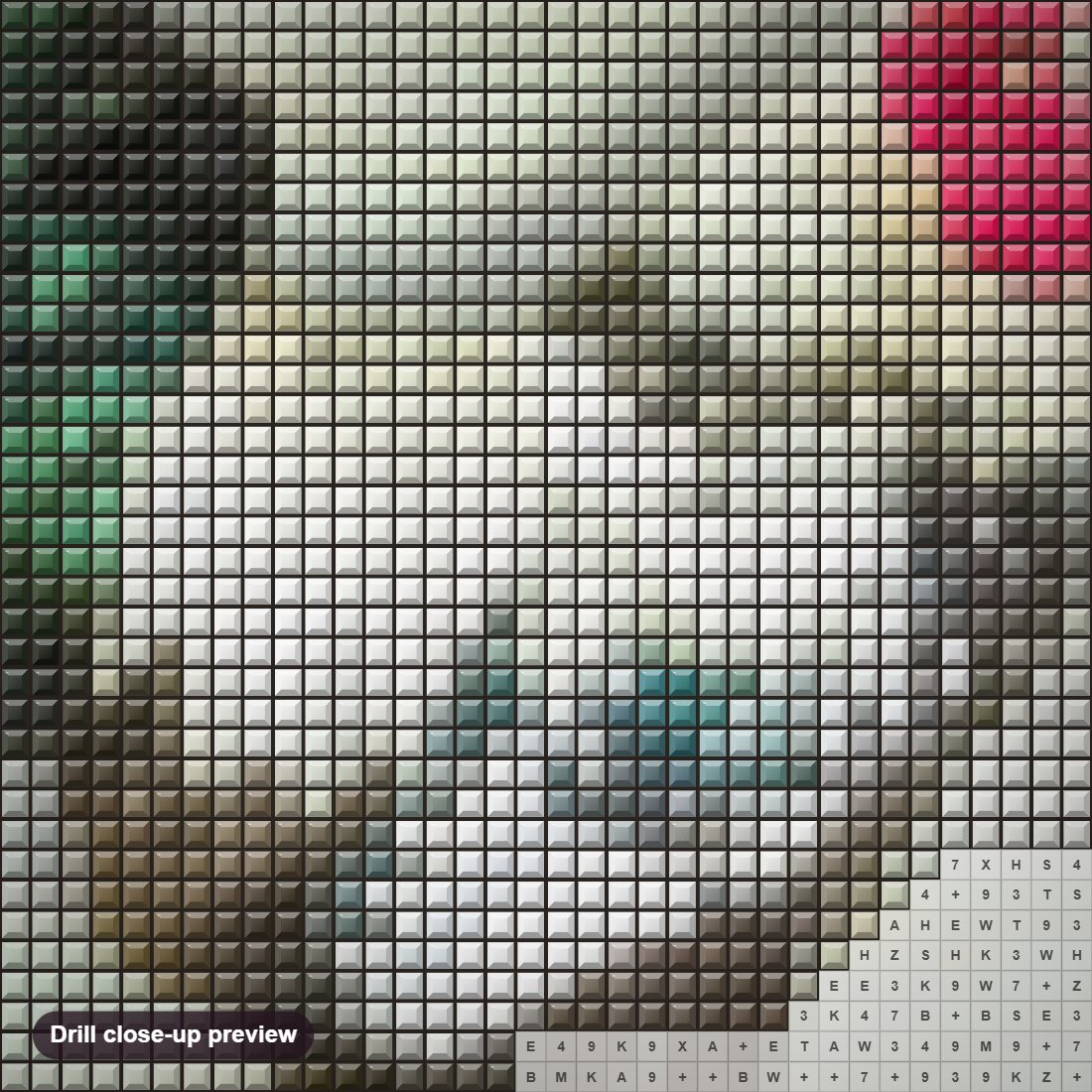 Close-up preview of the Rooster diamond painting with square 5D drills and printed canvas symbols