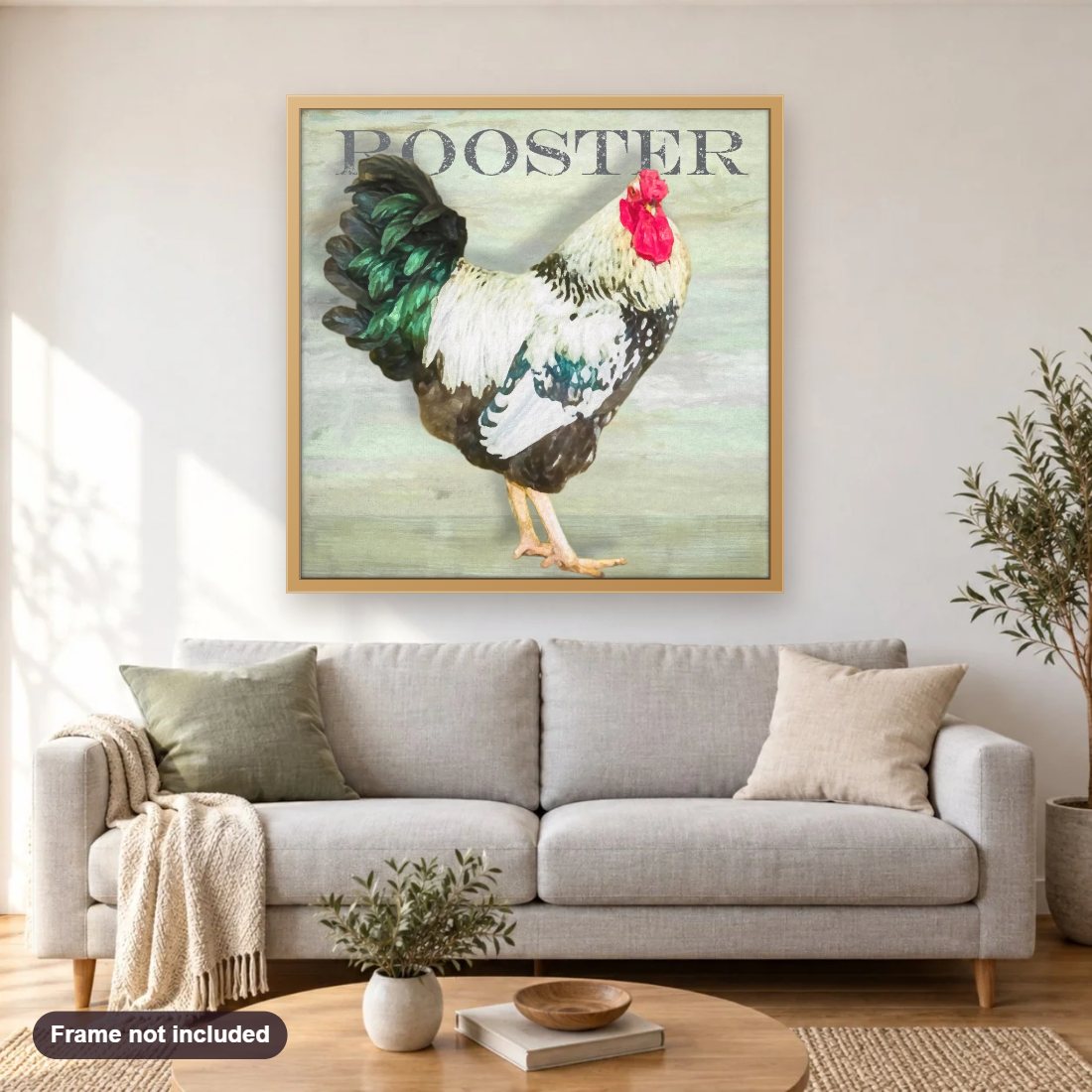 Rooster diamond painting shown framed on a living room wall above a sofa