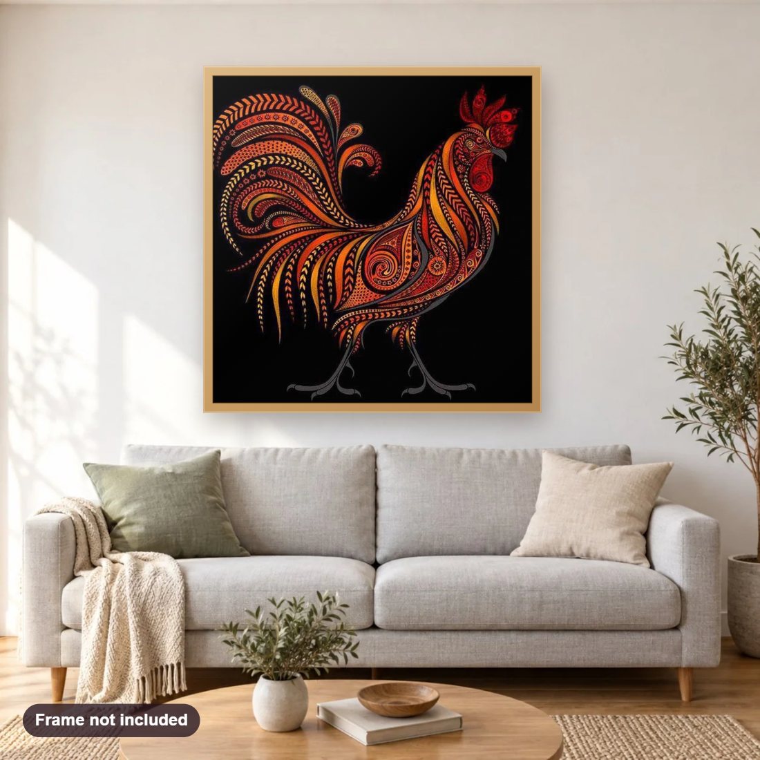 Rooster Artistic diamond painting shown framed on a living room wall above a sofa