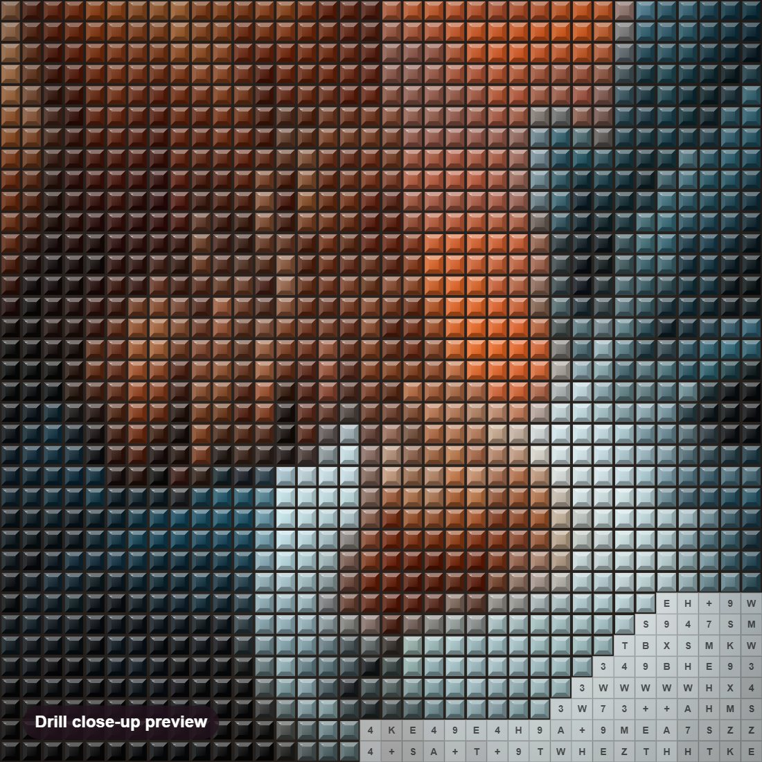 Close-up preview of the Rooster at Sunrise diamond painting with square 5D drills and printed canvas symbols