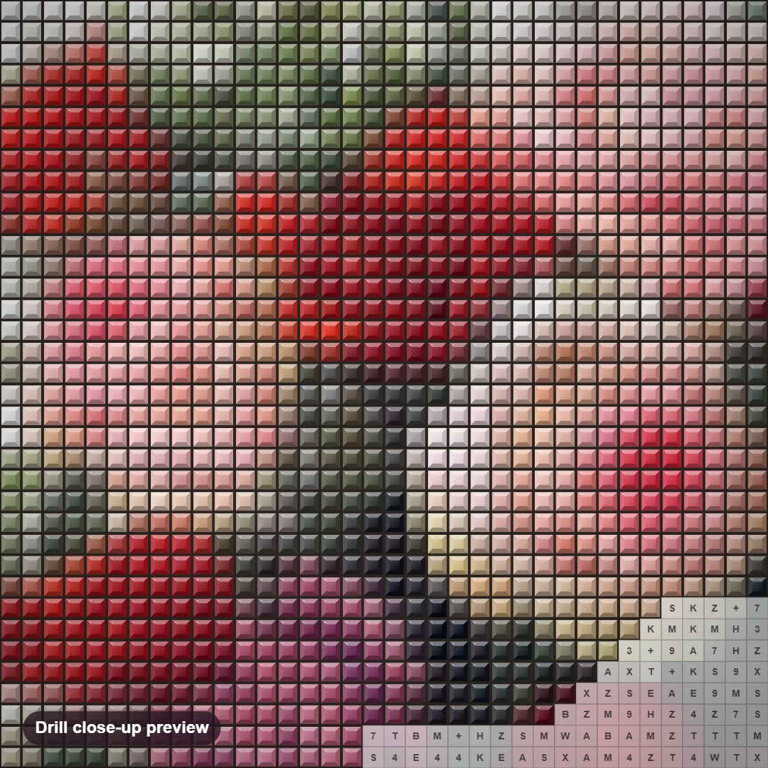Close-up preview of the Rose Basket diamond painting with square 5D drills and printed canvas symbols