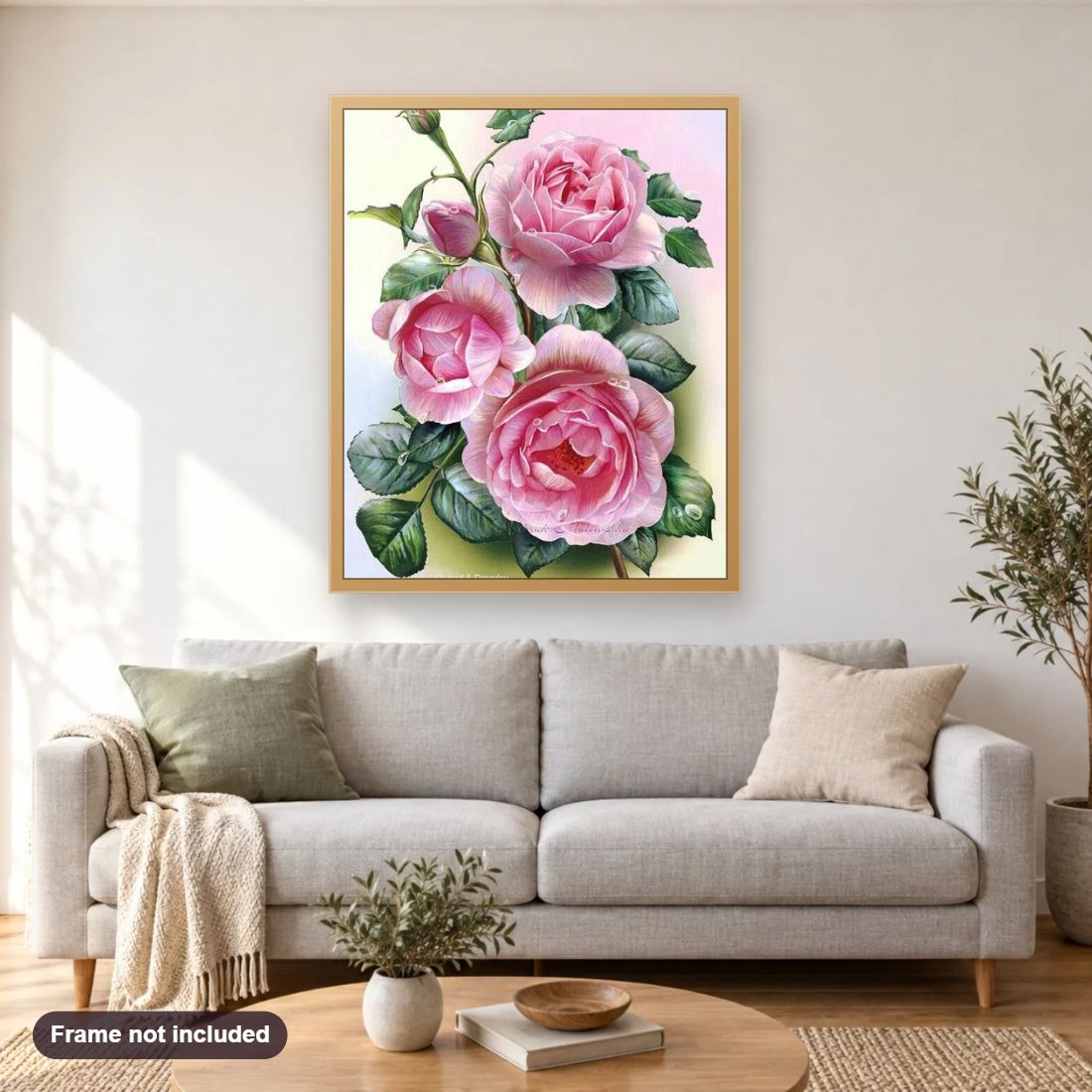 Rose Beauty diamond painting shown framed on a living room wall above a sofa