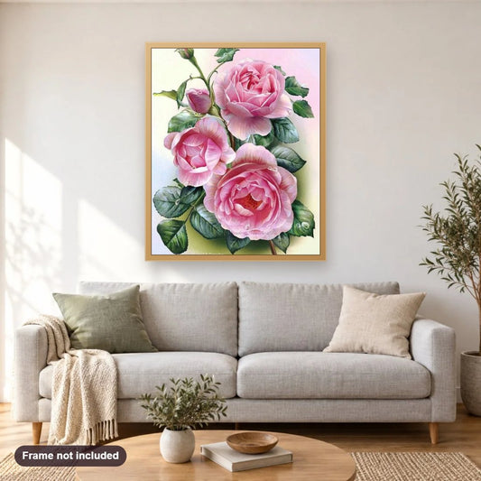 Rose Beauty diamond painting shown framed on a living room wall above a sofa