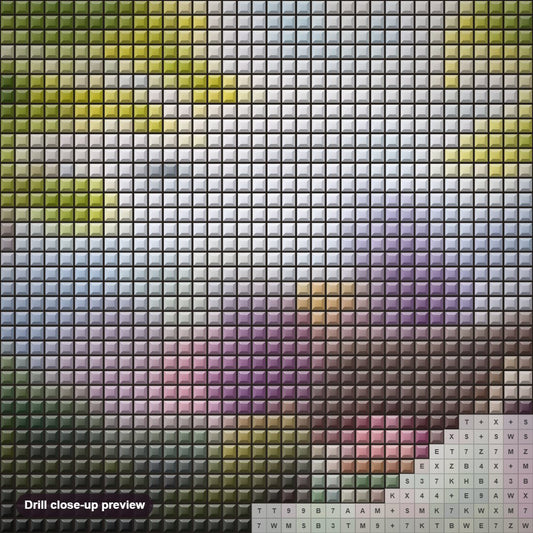 Close-up preview of the Rose Cottage diamond painting with square 5D drills and printed canvas symbols