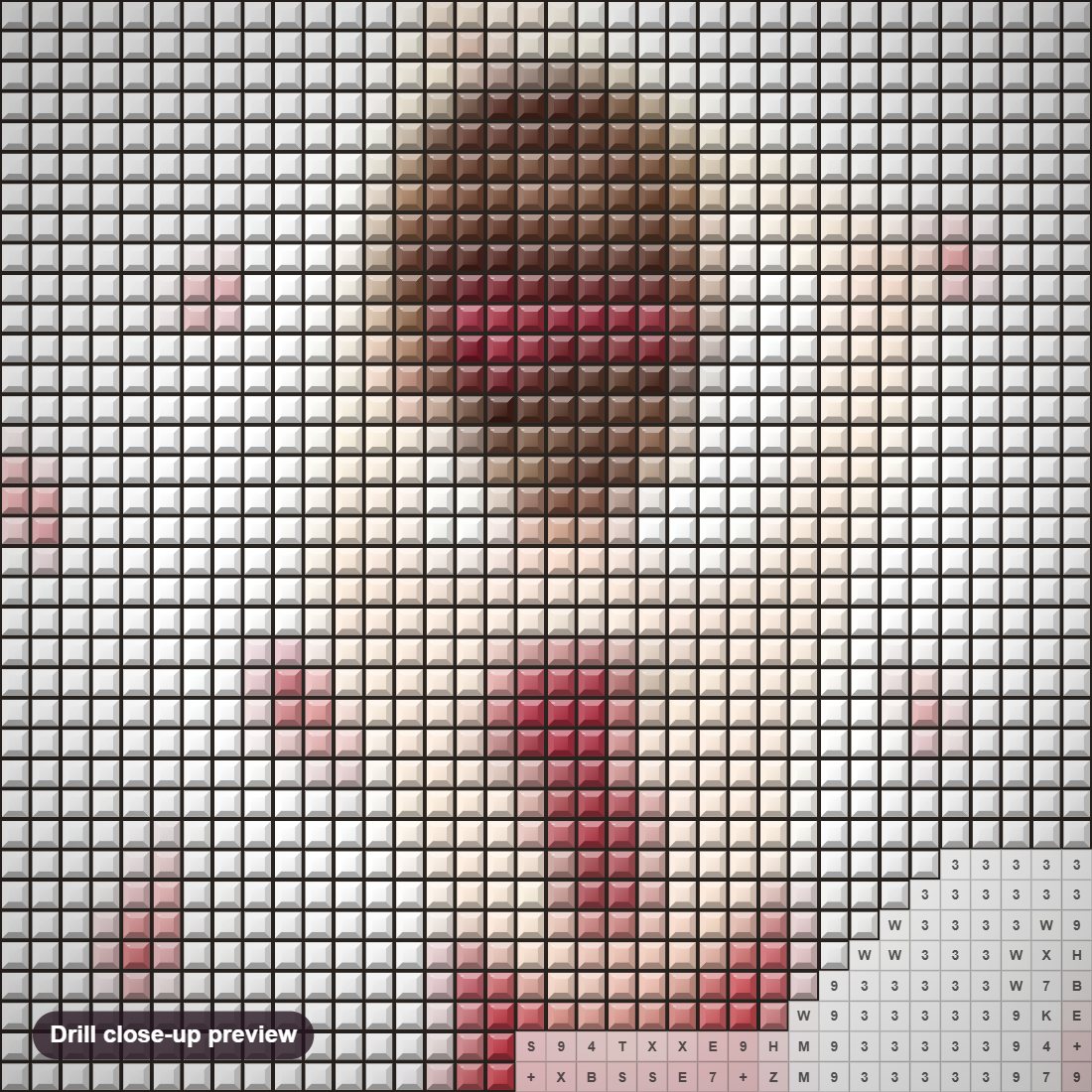 Close-up preview of the Rose Girl diamond painting with square 5D drills and printed canvas symbols