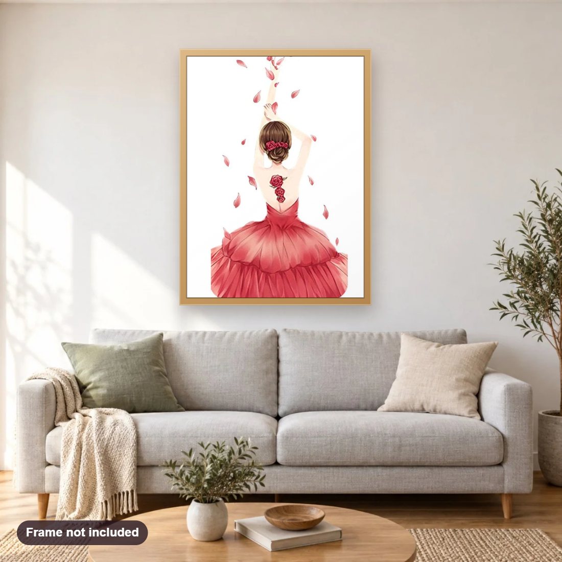 Rose Girl diamond painting shown framed on a living room wall above a sofa