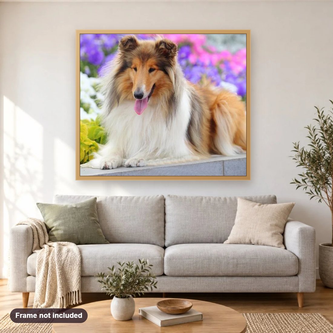 Rough Collie diamond painting shown framed on a living room wall above a sofa