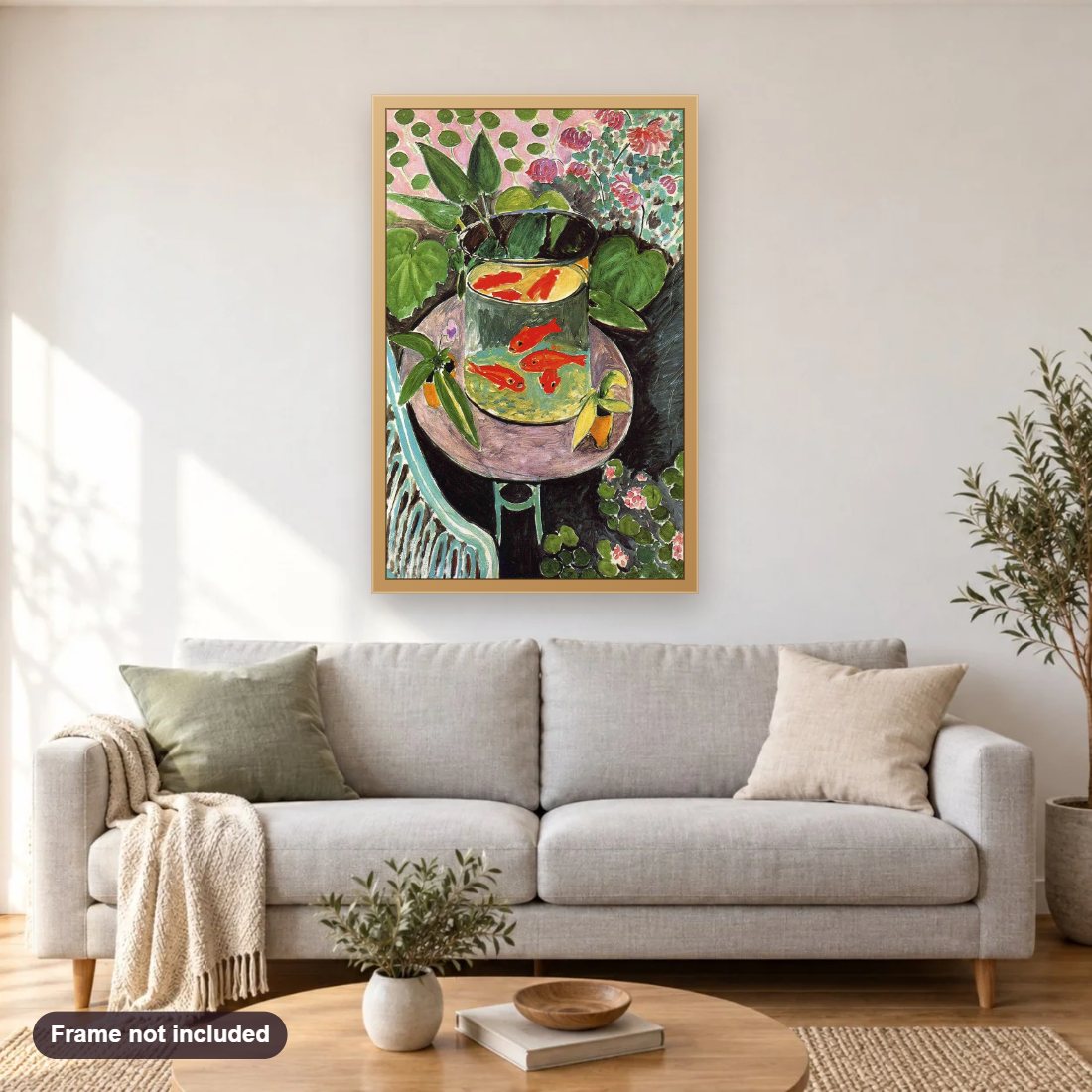 Roy Lichtenstein Matisse Goldfish diamond painting shown framed on a living room wall above a sofa