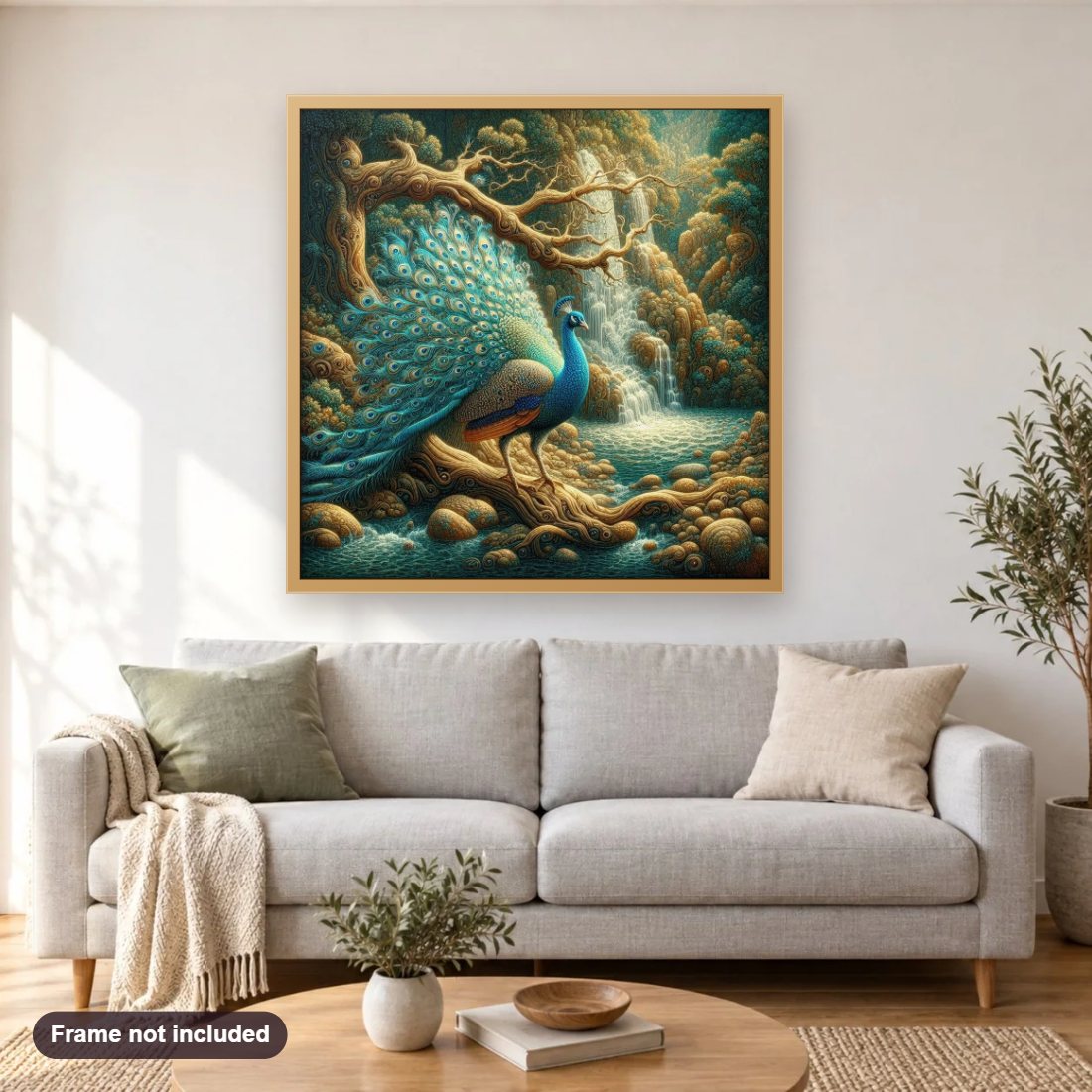 Royal Elegance  The Peacock's Plumage diamond painting shown framed on a living room wall above a sofa