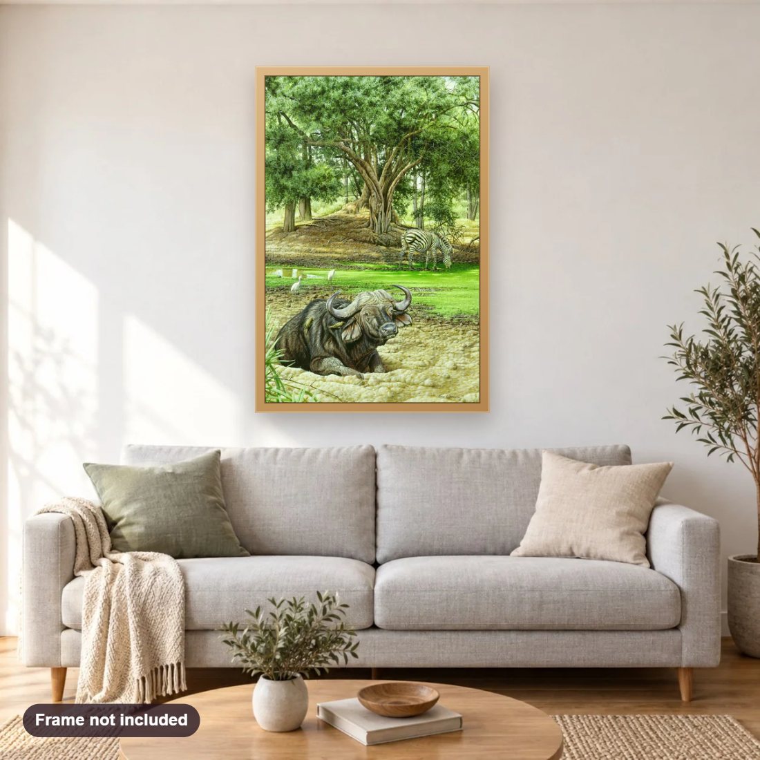 Ruckomechi Buffalo diamond painting shown framed on a living room wall above a sofa