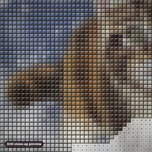 Close-up preview of the Running Cat diamond painting with square 5D drills and printed canvas symbols