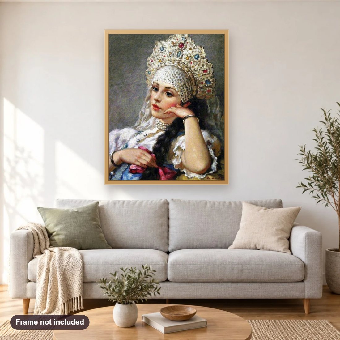 Russian Heritage diamond painting shown framed on a living room wall above a sofa