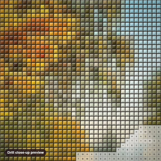 Close-up preview of the Russian Landscapes in Autumn diamond painting with square 5D drills and printed canvas symbols