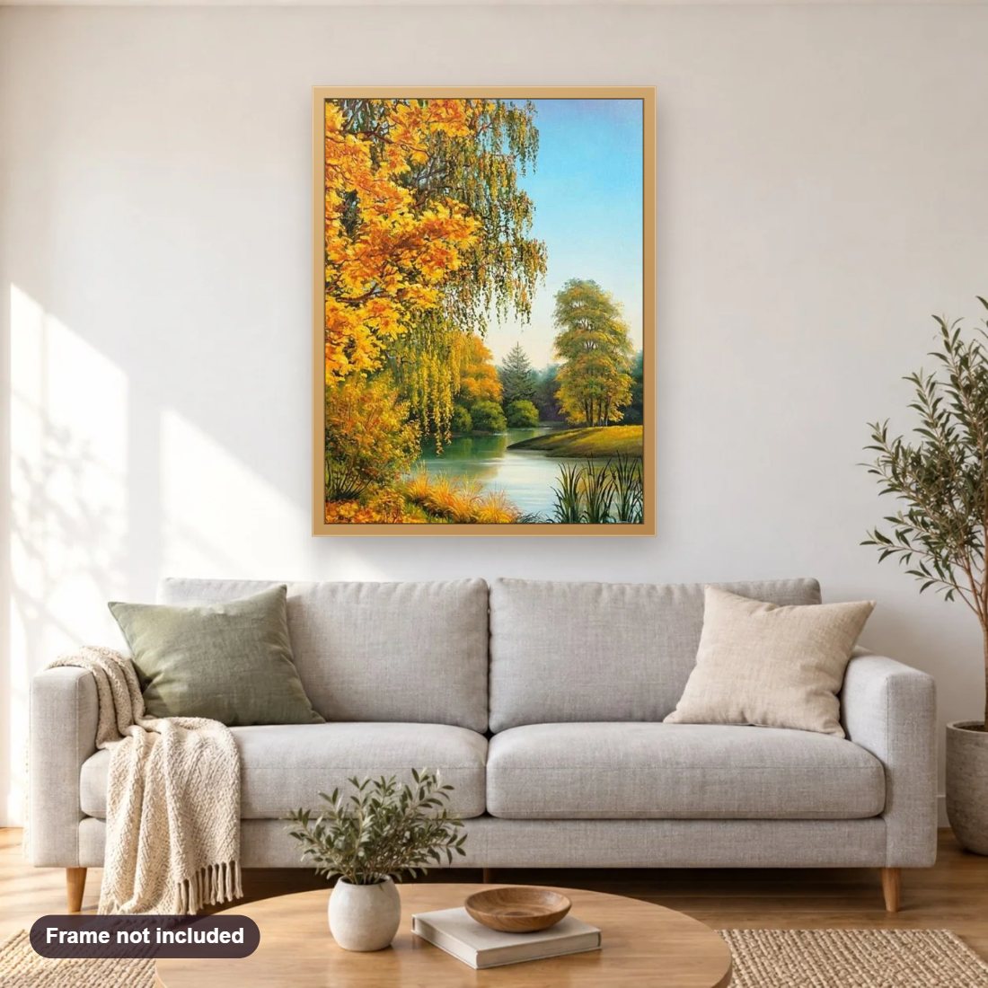 Russian Landscapes in Autumn diamond painting shown framed on a living room wall above a sofa