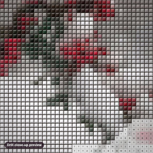 Close-up preview of the Russian Winter & Snow on Flower Buds diamond painting with square 5D drills and printed canvas symbols