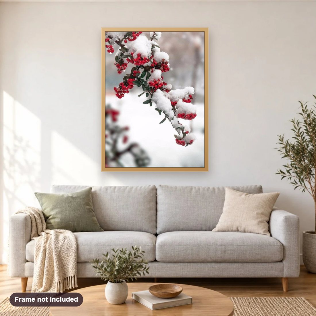 Russian Winter & Snow on Flower Buds diamond painting shown framed on a living room wall above a sofa
