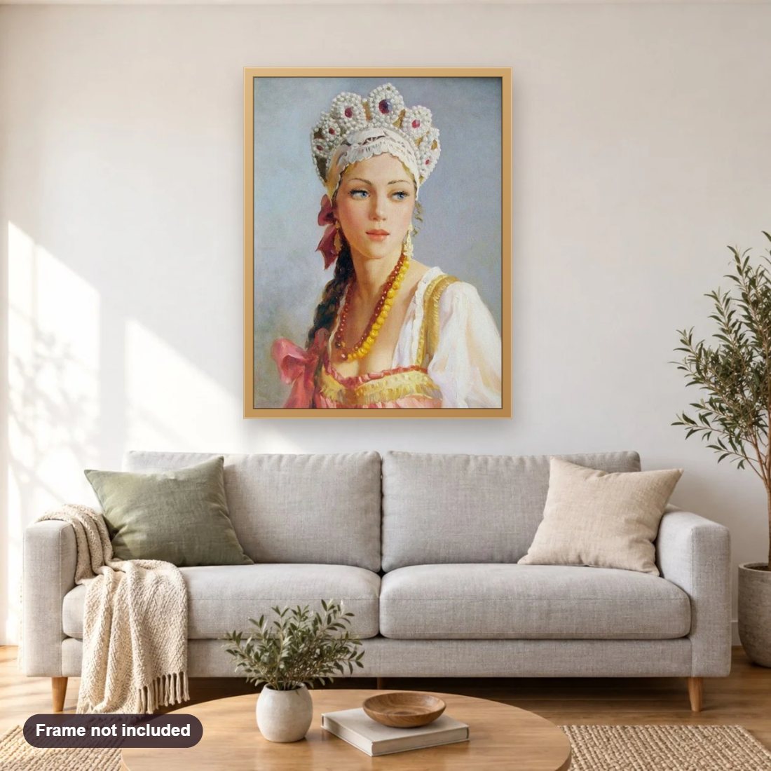 Russian Woman diamond painting shown framed on a living room wall above a sofa