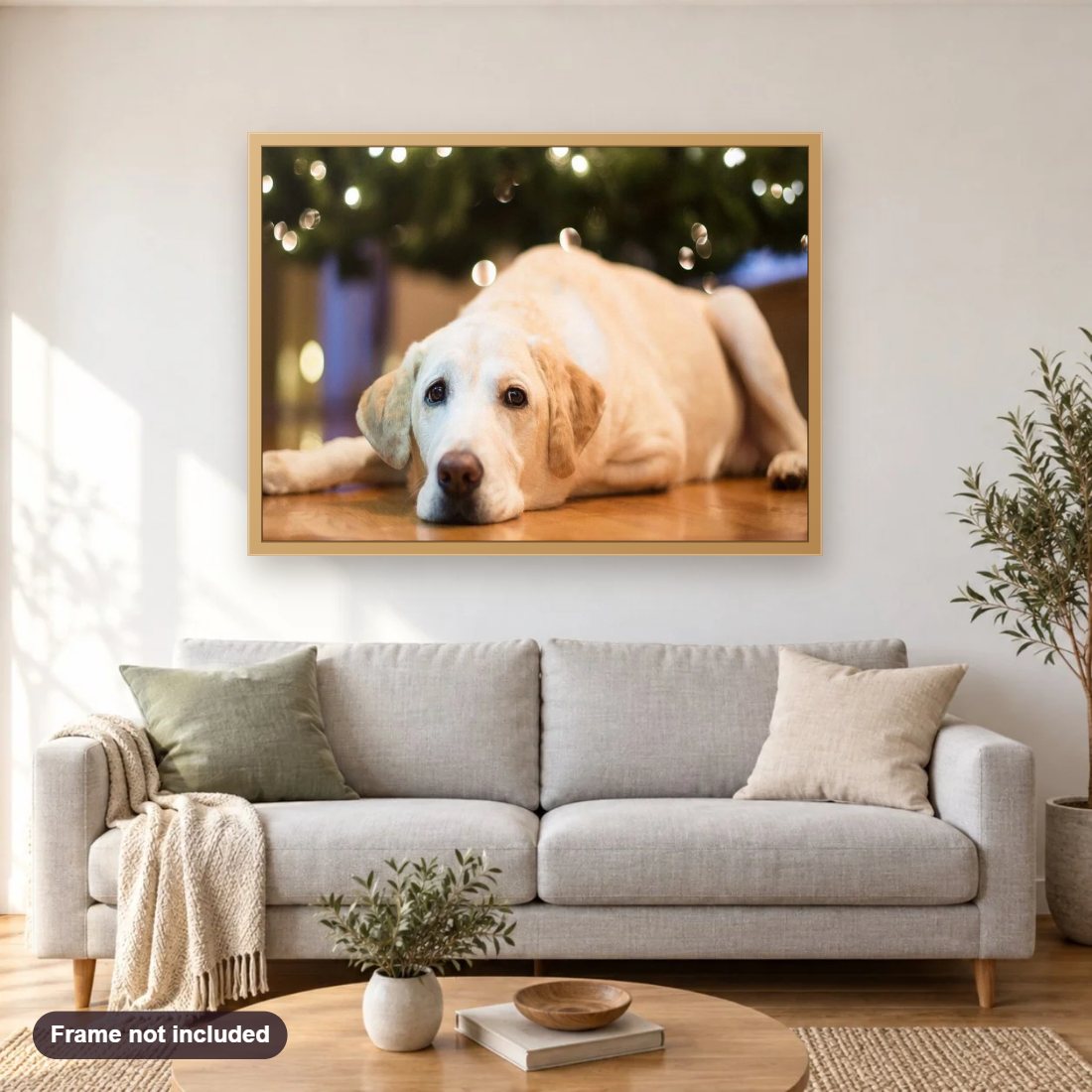 Sad Labrador Retriever Dog diamond painting shown framed on a living room wall above a sofa