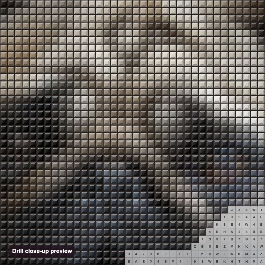 Close-up preview of the Sad Pug Dog diamond painting with square 5D drills and printed canvas symbols
