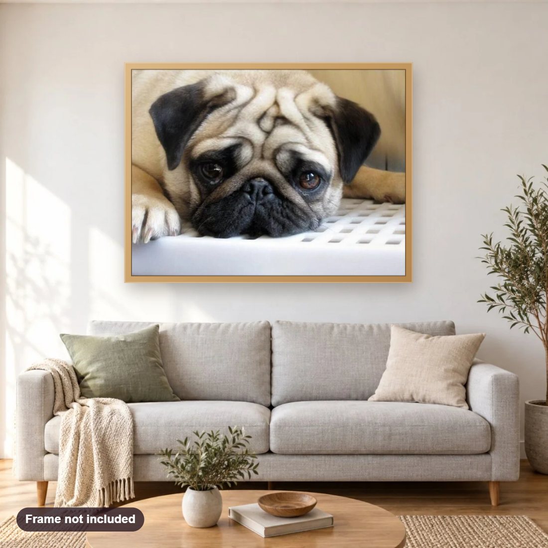 Sad Pug Dog diamond painting shown framed on a living room wall above a sofa
