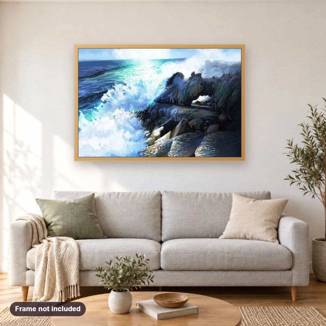 Salt Point diamond painting shown framed on a living room wall above a sofa