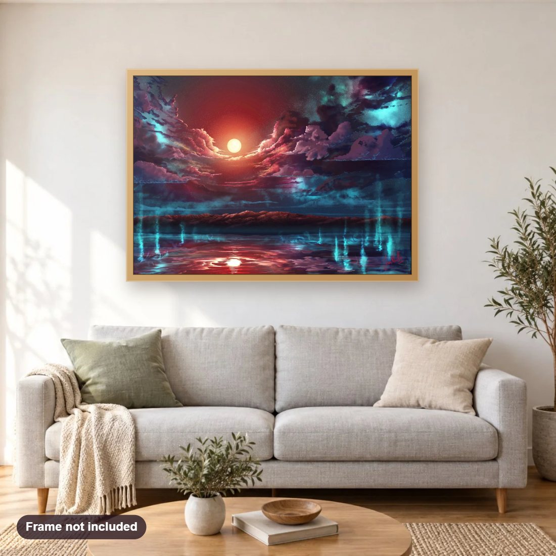 San Luis Reservoir diamond painting shown framed on a living room wall above a sofa