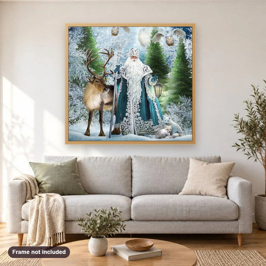 Santa Claus & Animals diamond painting shown framed on a living room wall above a sofa
