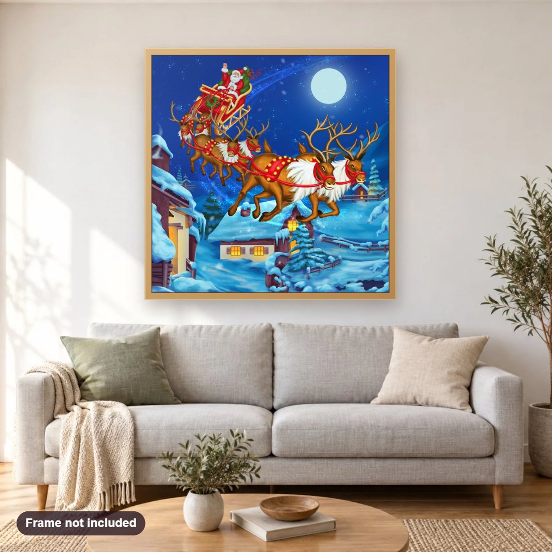 Santa Claus Ariving With Gifts diamond painting shown framed on a living room wall above a sofa