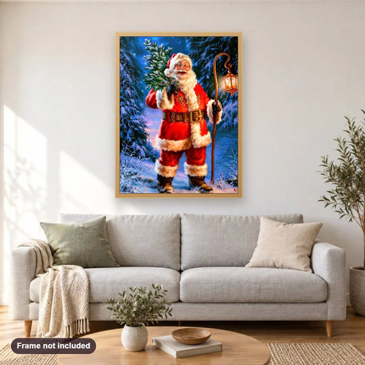 Santa Claus Carrying Christmas Tree diamond painting shown framed on a living room wall above a sofa