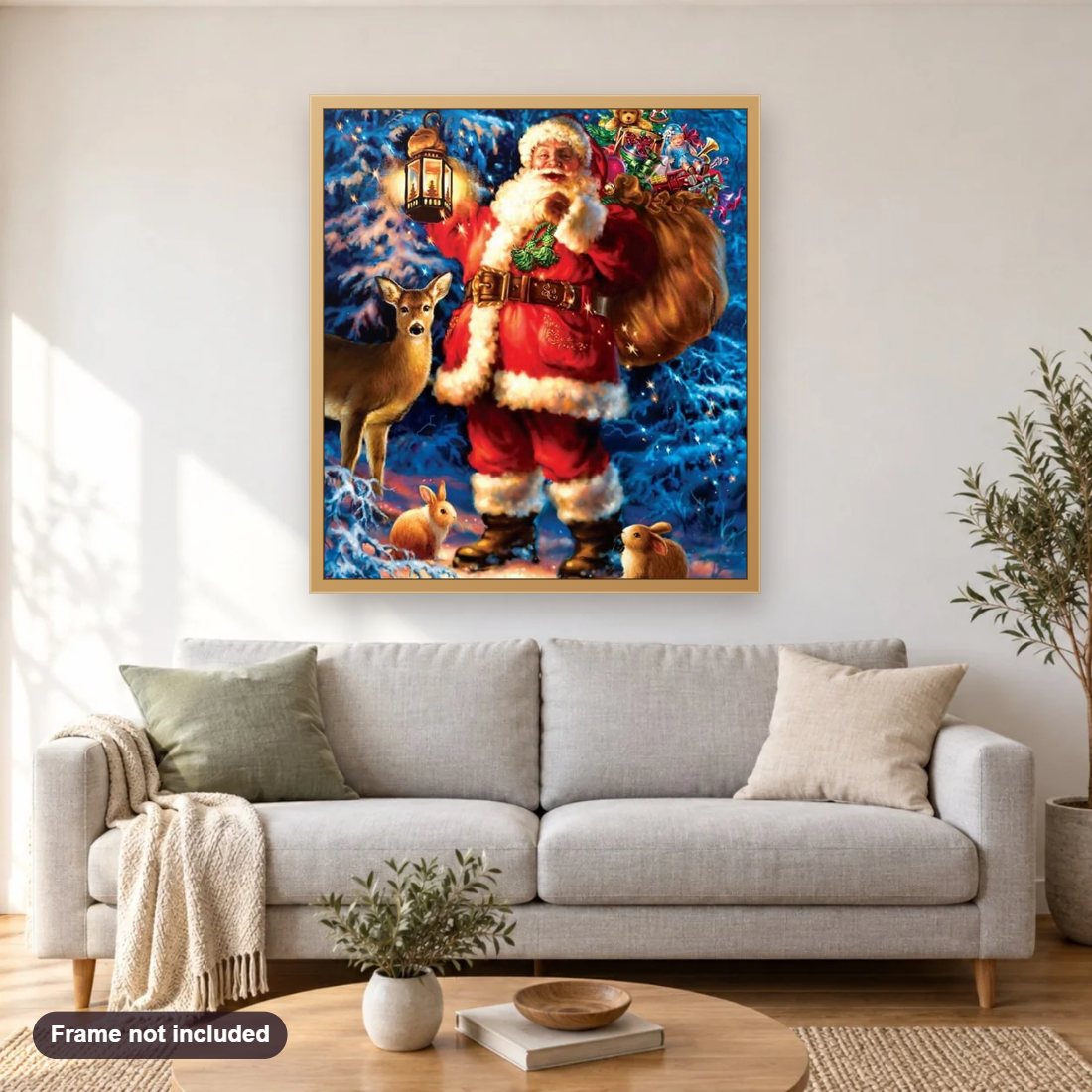 Santa Claus Distributing Christmas Gifts diamond painting shown framed on a living room wall above a sofa