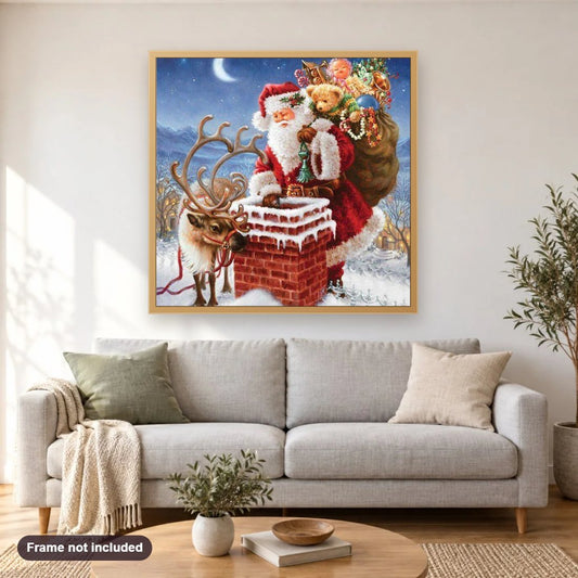 Santa Claus giving Christmas Gifts diamond painting shown framed on a living room wall above a sofa