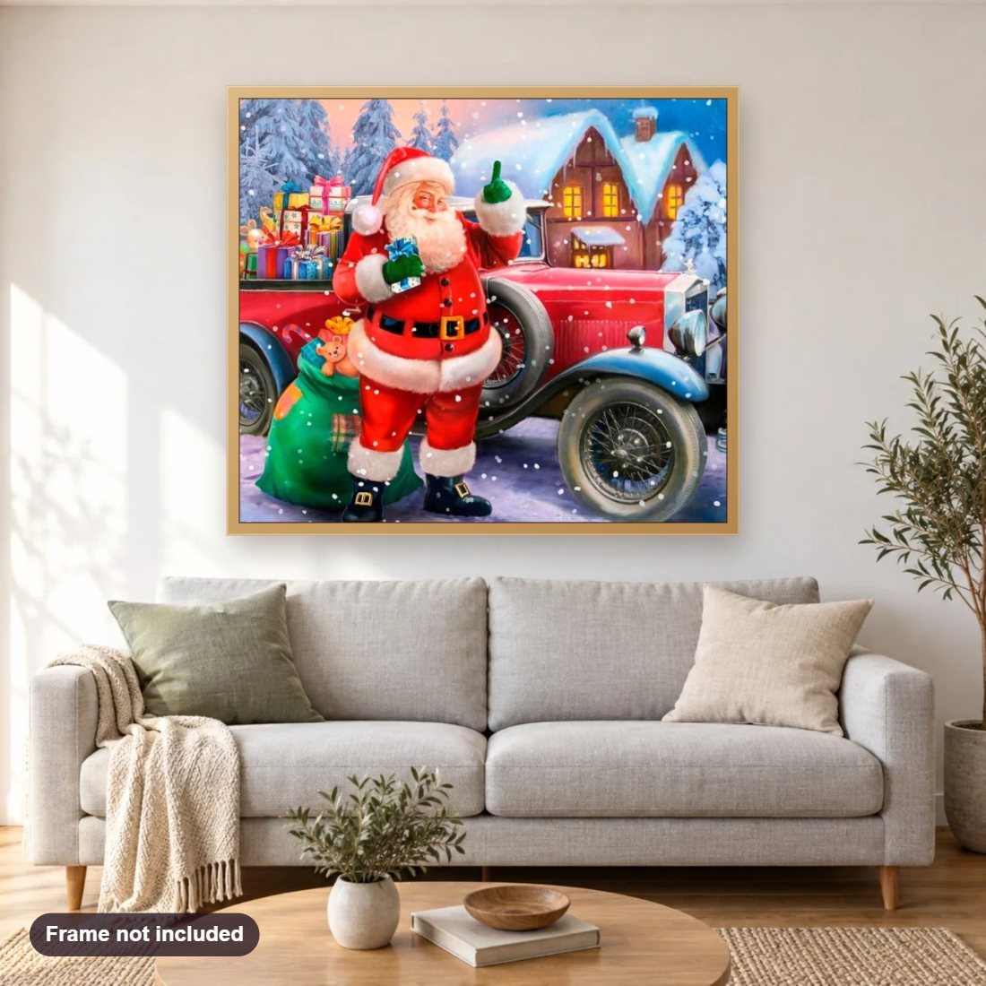 Santa Claus on Christmas Car diamond painting shown framed on a living room wall above a sofa