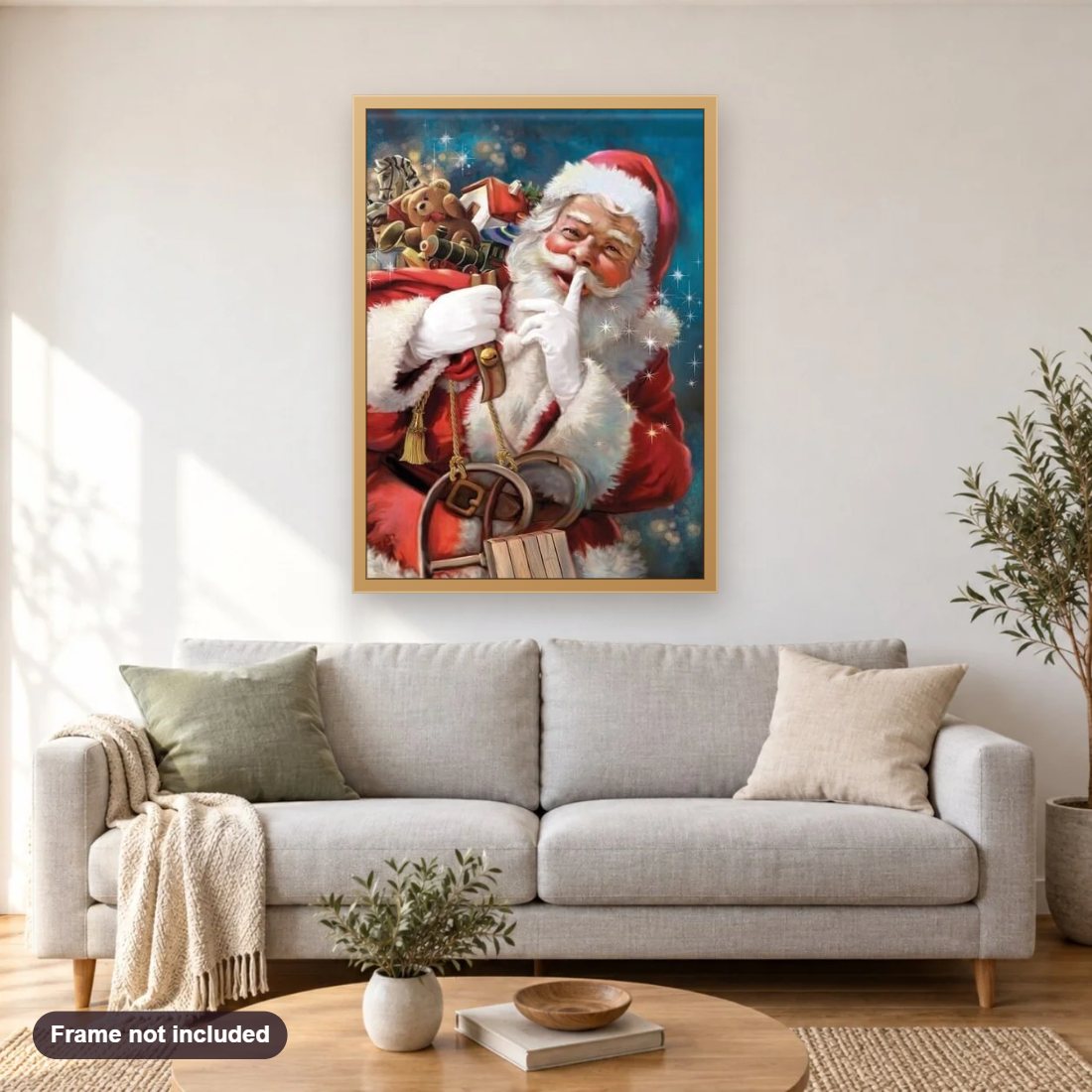 Santa Claus on Christmas diamond painting shown framed on a living room wall above a sofa