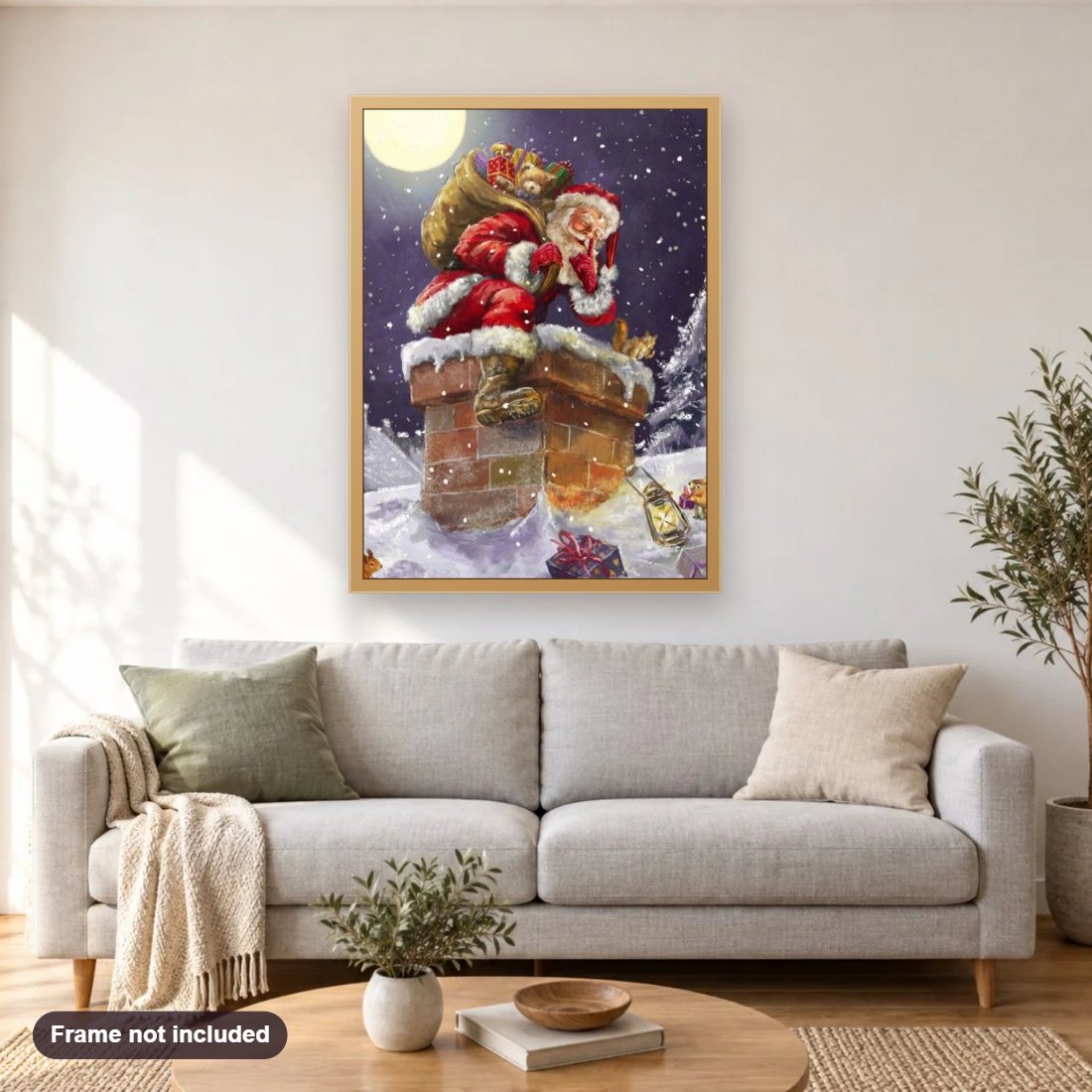 Santa Claus on Christmas Night diamond painting shown framed on a living room wall above a sofa