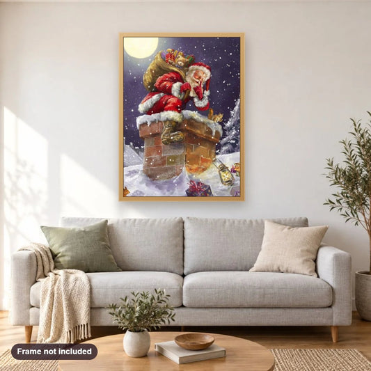 Santa Claus on Christmas Night diamond painting shown framed on a living room wall above a sofa