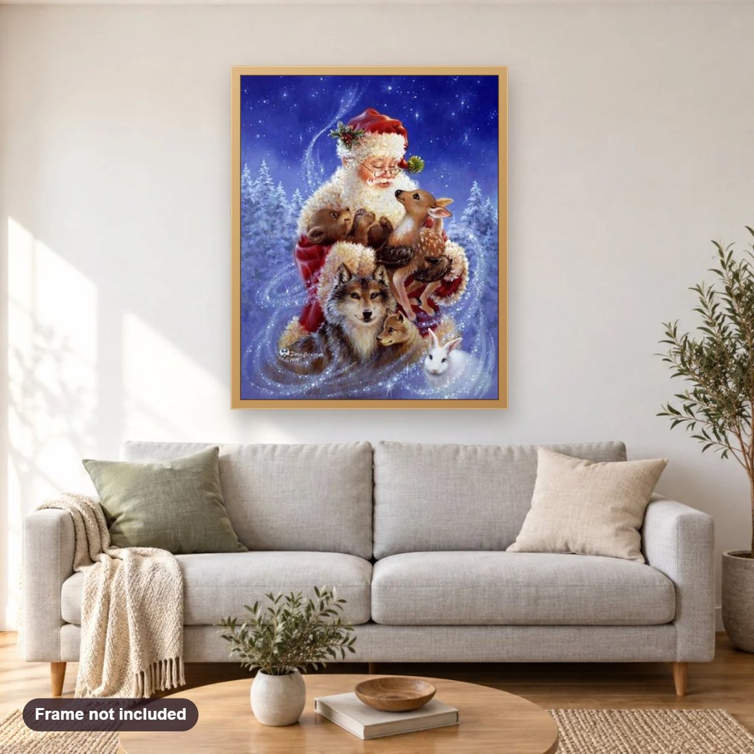 Santa Claus with Animal Friends diamond painting shown framed on a living room wall above a sofa