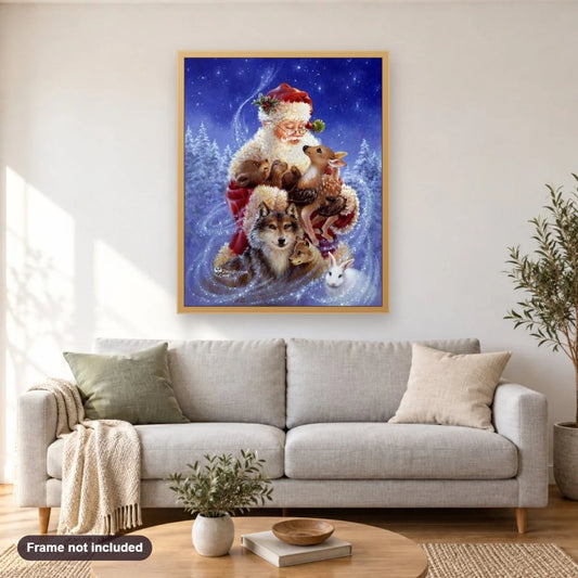 Santa Claus with Animal Friends diamond painting shown framed on a living room wall above a sofa