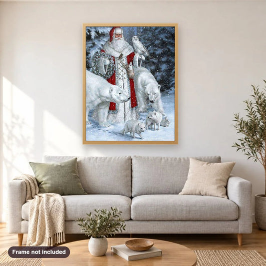 Santa Claus with animals & Owl diamond painting shown framed on a living room wall above a sofa