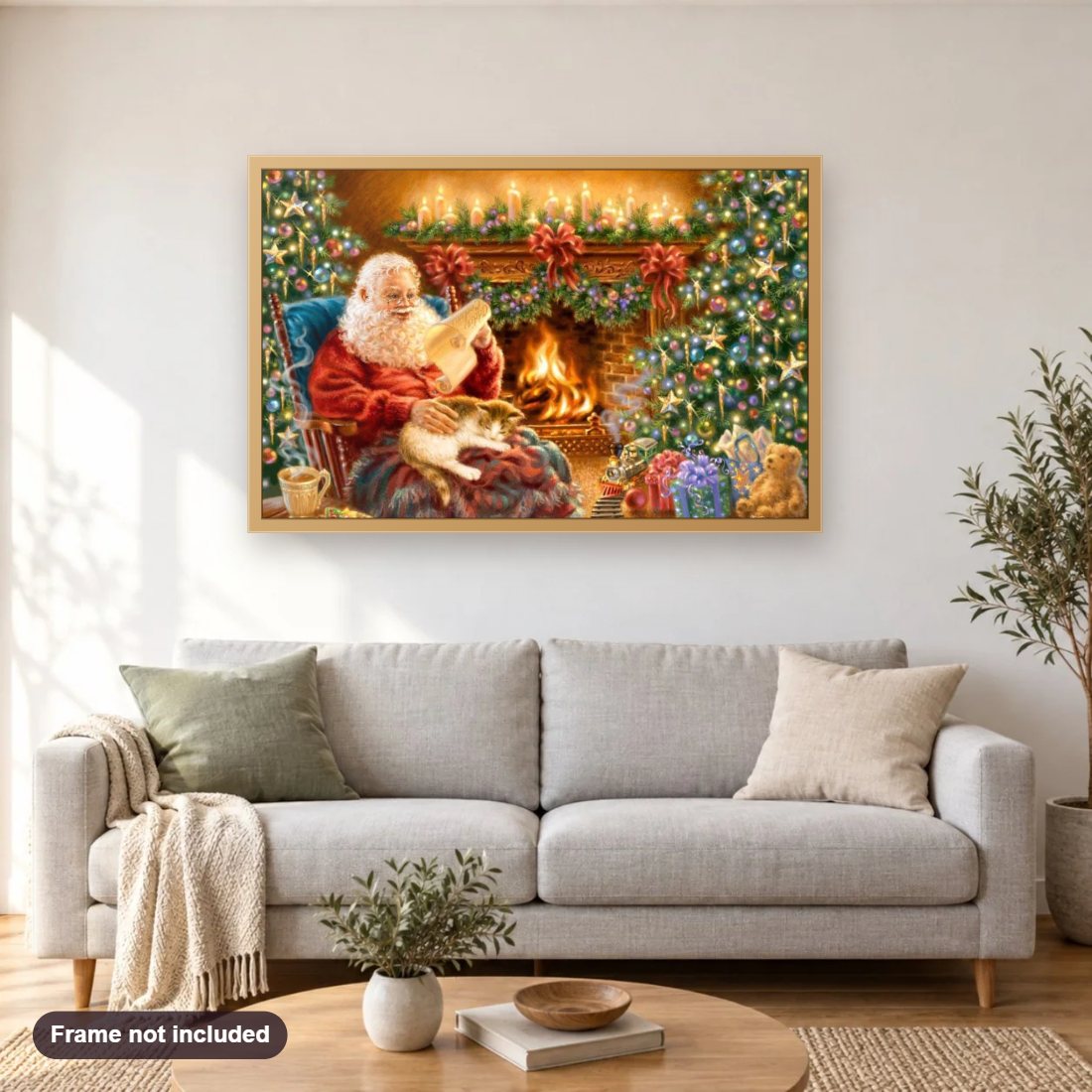 Santa Claus with Cat diamond painting shown framed on a living room wall above a sofa