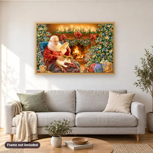 Santa Claus with Cat diamond painting shown framed on a living room wall above a sofa