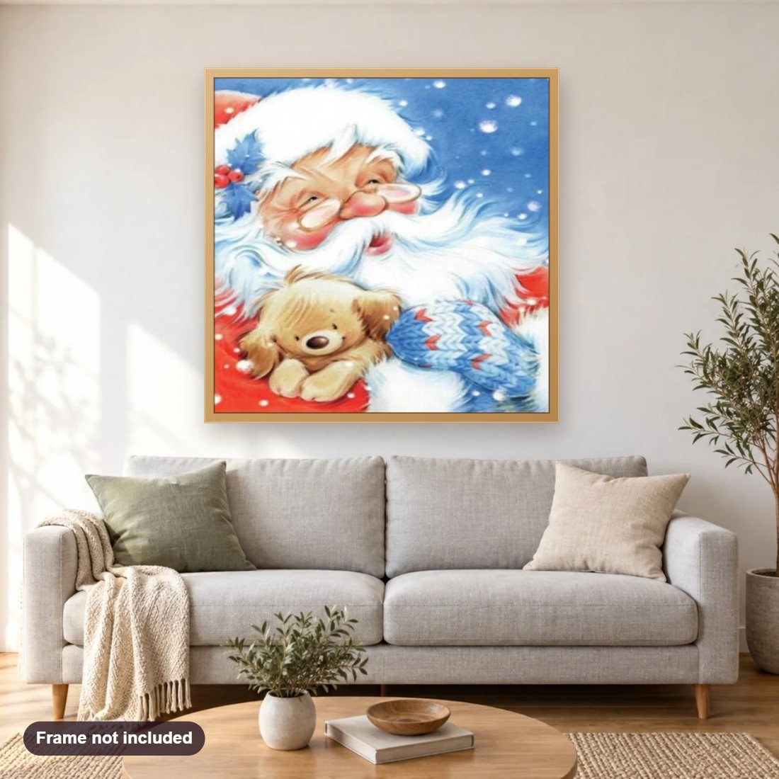 Santa Claus with Little Puppy diamond painting shown framed on a living room wall above a sofa