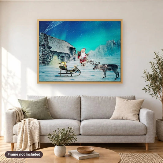 Santa Ready for Christmas diamond painting shown framed on a living room wall above a sofa