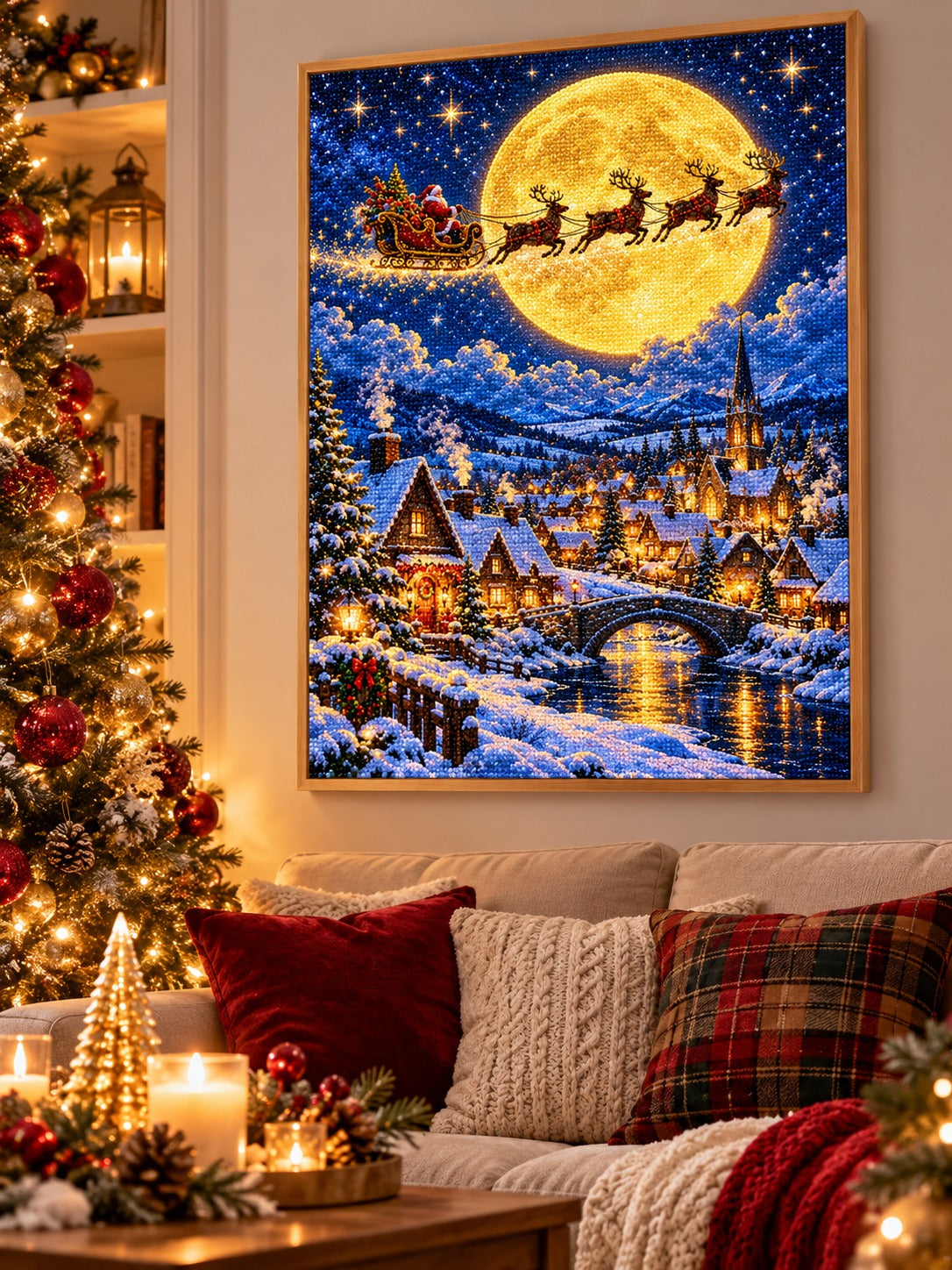 Finished Santa's sleigh and reindeer crossing the golden Christmas moon diamond painting in a light oak frame hanging in a cozy living room decorated for Christmas