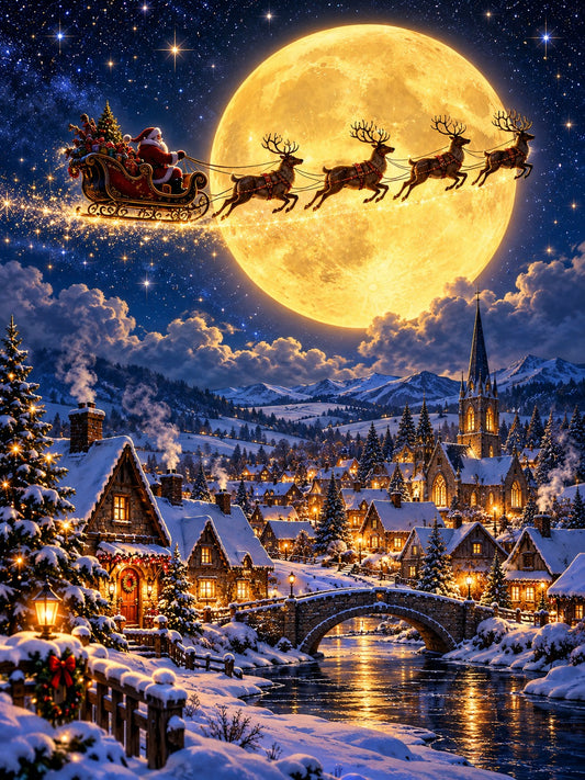 Santa's sleigh and reindeer crossing the golden Christmas moon, Christmas diamond painting kit by All Diamond Painting