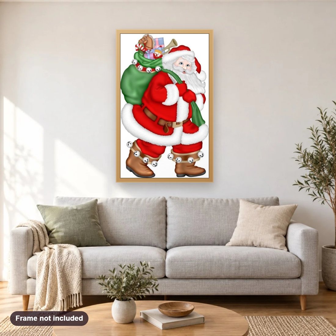 Santa With Gifts For Kids diamond painting shown framed on a living room wall above a sofa