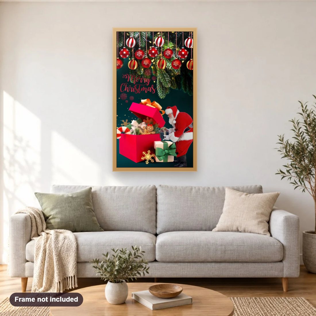 Santa's Merry Moments Christmas Card diamond painting shown framed on a living room wall above a sofa
