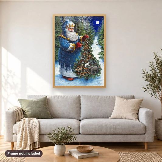 Santa's Christmas Tree diamond painting shown framed on a living room wall above a sofa